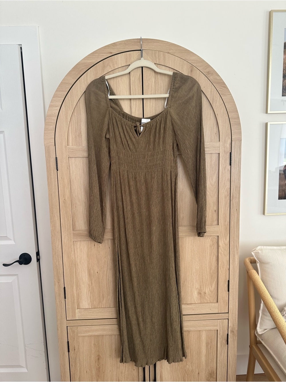 Olive Long Sleeve Smocked Midi Dress